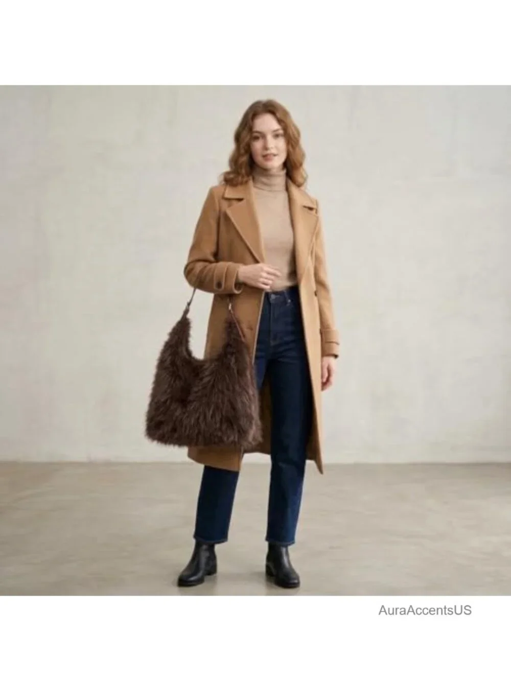 Fuzzy Faux Fur Hobo Shoulder Bag Large Plush Purse Adjustable Strap Winter Tote